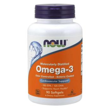 NOW Omega-3, molekulárisan desztillált és bélben oldódó kapszula, 90 softgel kapszula kép